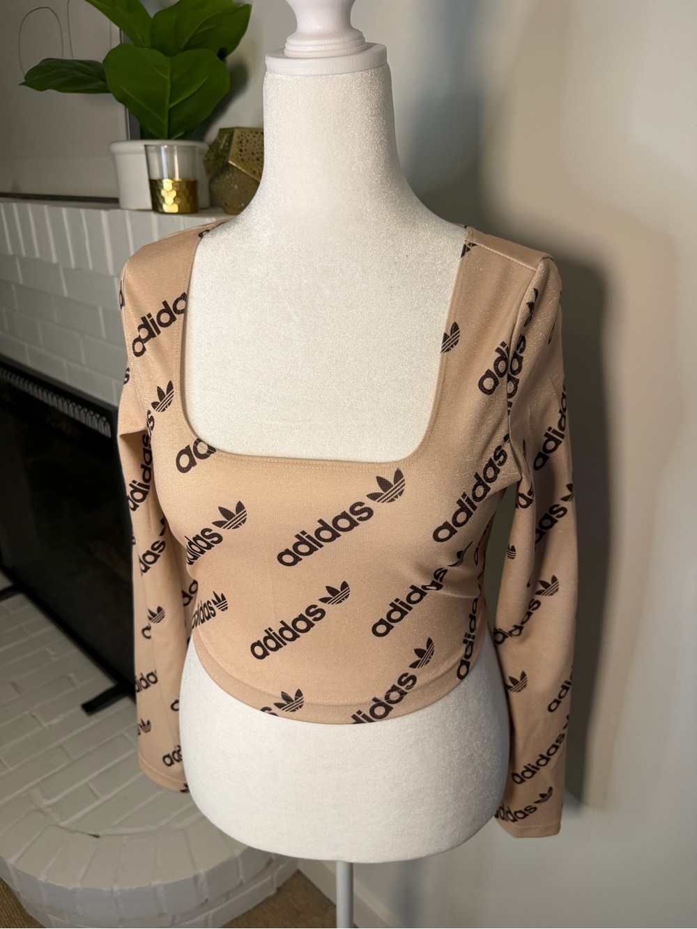 Adidas original “Logimania” all over trefoil print long sleeve crop top